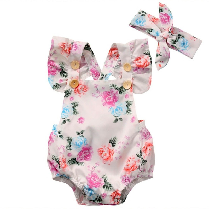 wholesale cute infants flower baby bodysuit jumpsuit with headband