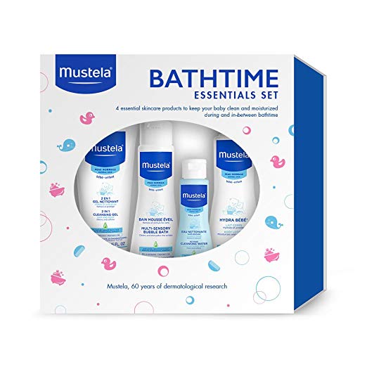 Mustela Bathtime Essentials Gift Set, Gentle, Safe and Hypoallergenic Products for Baby Bath Time and Skin Care, 4 Items