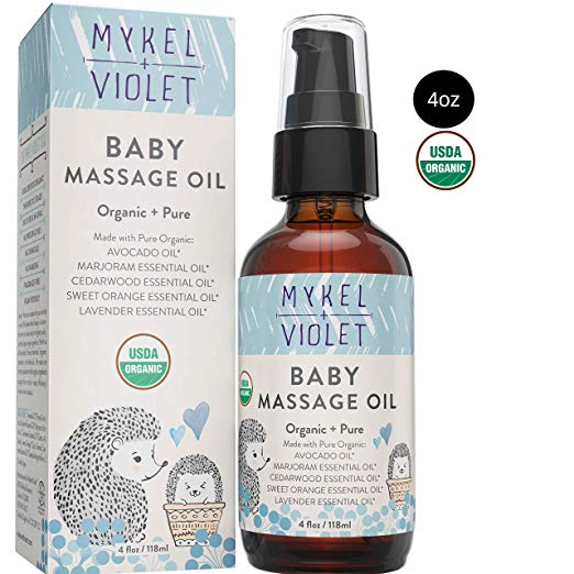 Mykel + Violet - 100% USDA Certified Organic Baby Massage Oil, Calming Blend, Moisturizes Newborn Baby’s Delicate Skin, Made with Avocado oil, Lavender oil and other Organic Essential Oils